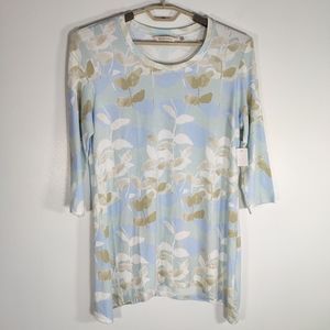 NWT Soft Surroundings Tranquil Tunic Blue Leaf Print Shark Bite Hem Size Large